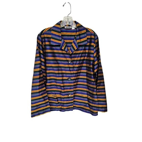 Vintage 90s Chico's Design Striped 100% Silk Jacket Shacket Sz 1 Button Front - Picture 1 of 11
